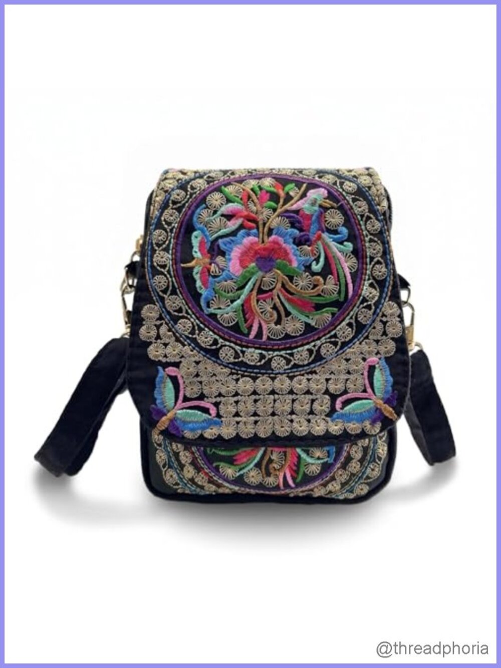 Embroidered Canvas Crossbody Bag Boho Shoulder Handbag Vintage Cellphone Purse